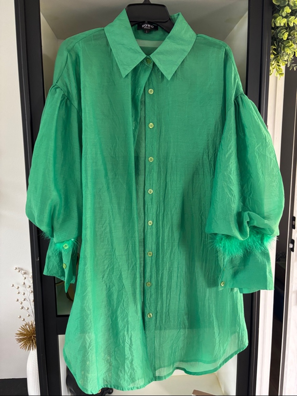 HOWARD Green Puff Sleeve Sheer Button-Up Blouse
